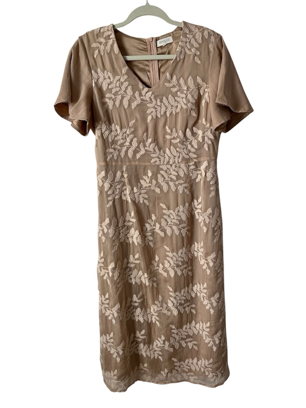 Roolee Taupe Midi Dress with Cream Leaf Embroidery